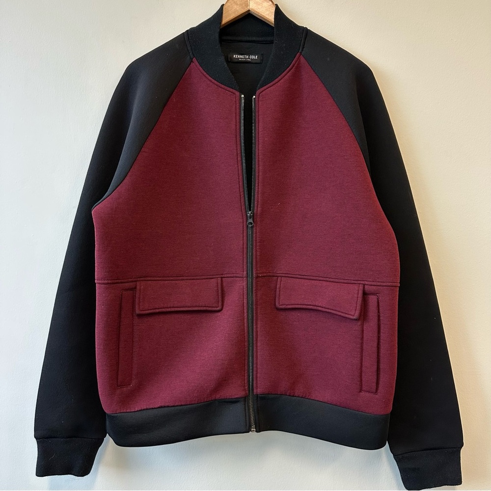 Kenneth Cole Black Label Burgundy and Black Colorblock Neoprene Bomber Jacket
